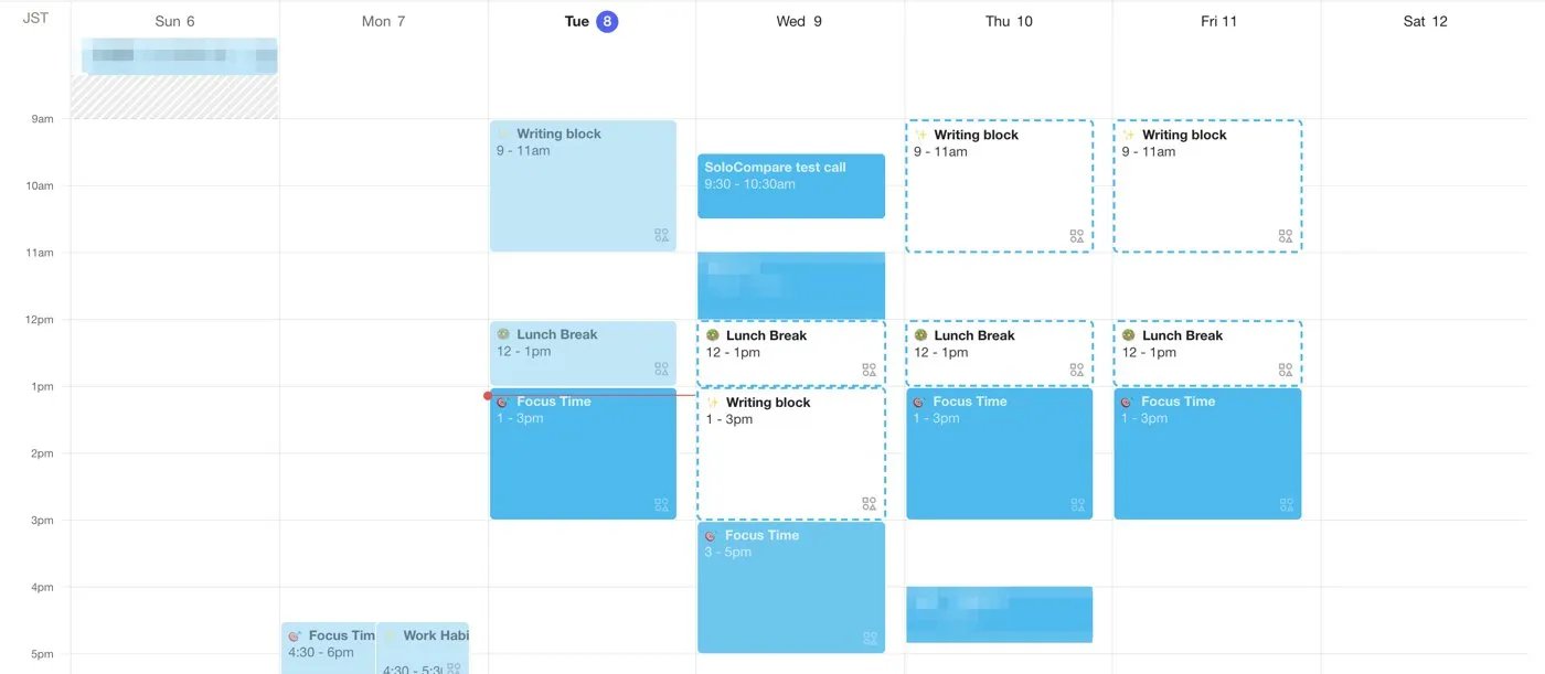 Reclaim planner after a 9:30am call was added on Wednesday: the Writing block moved to 1 to 3pm and Focus Time moved to 3 to 5pm, while lunch and an existing 11am meeting stayed put