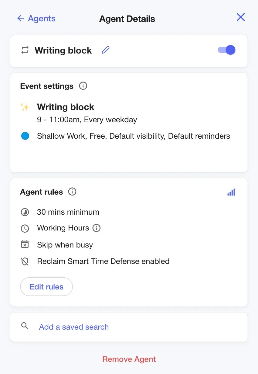 Reclaim habit settings panel for the Writing block habit, showing 9 to 11am every weekday and the agent rules