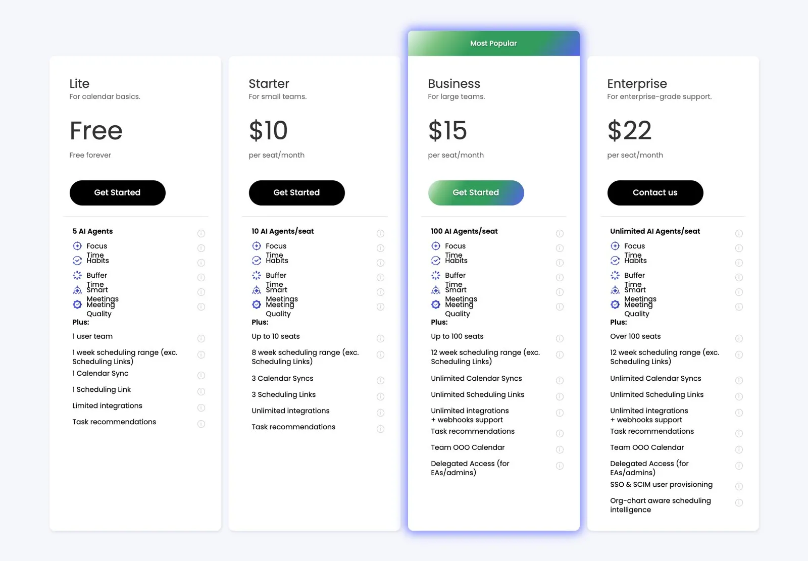 Reclaim pricing page showing Lite free, Starter $10, Business $15 and Enterprise $22 per seat per month on yearly billing
