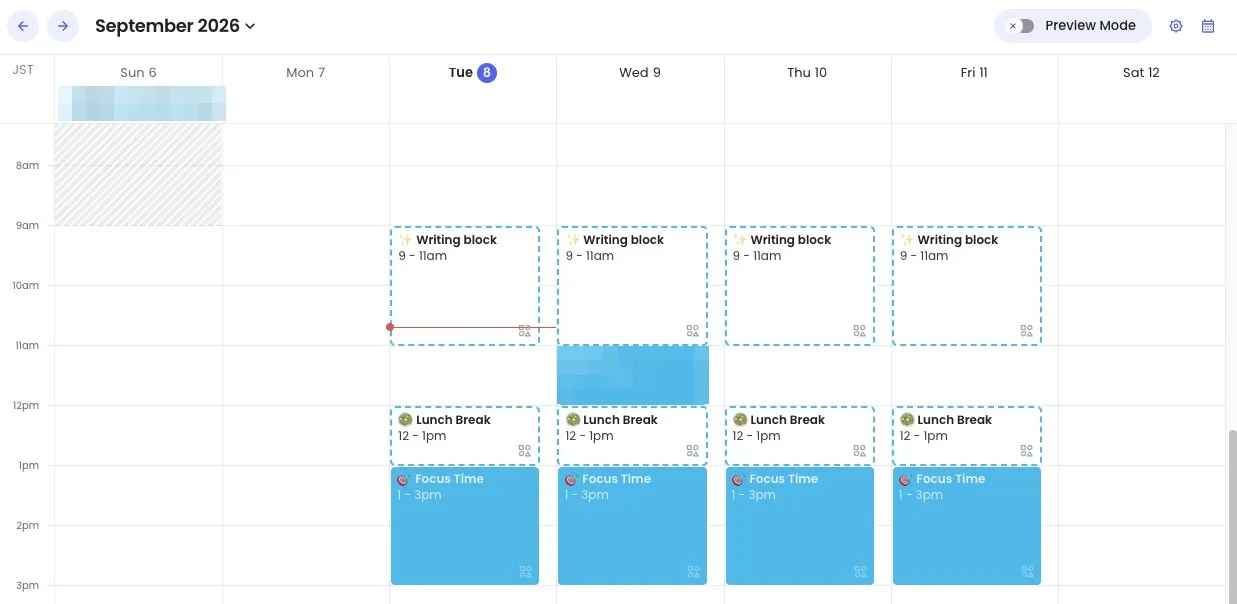 Reclaim planner showing a Writing block habit from 9 to 11am, Lunch Break at noon and Focus Time moved to 1 to 3pm on a real week