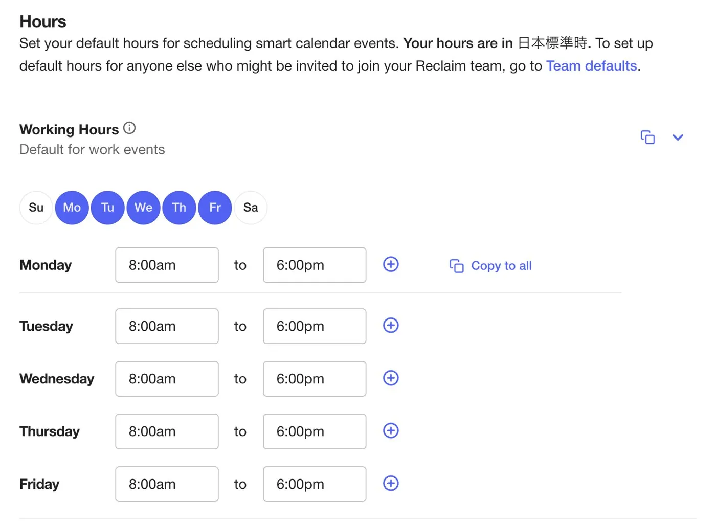 Reclaim working hours settings, Monday to Friday 8am to 6pm
